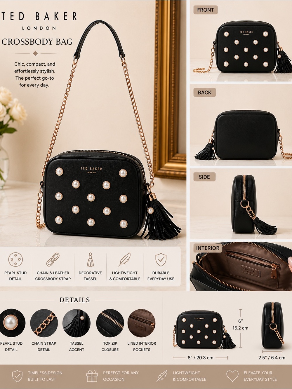 Ted Baker Black Pearl-Embellished Tassel Crossbody Bag
